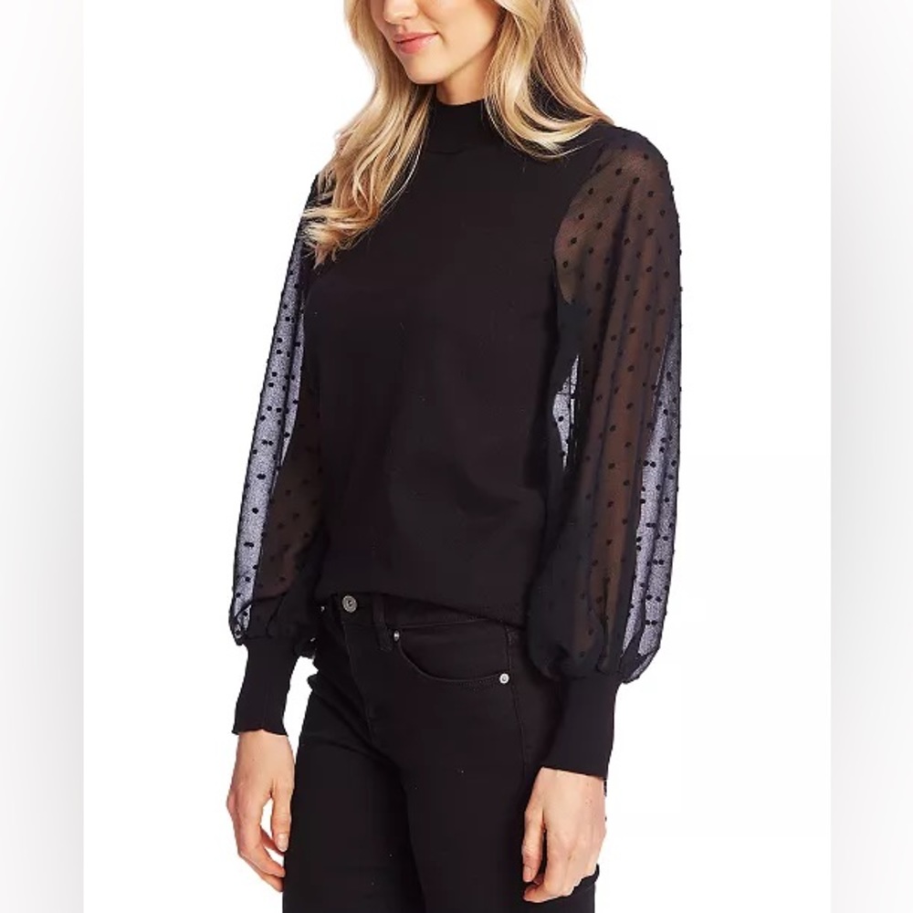 NWT CeCe Women's Mock Neck Clip Dot Sheer Long Sleeves Sweater